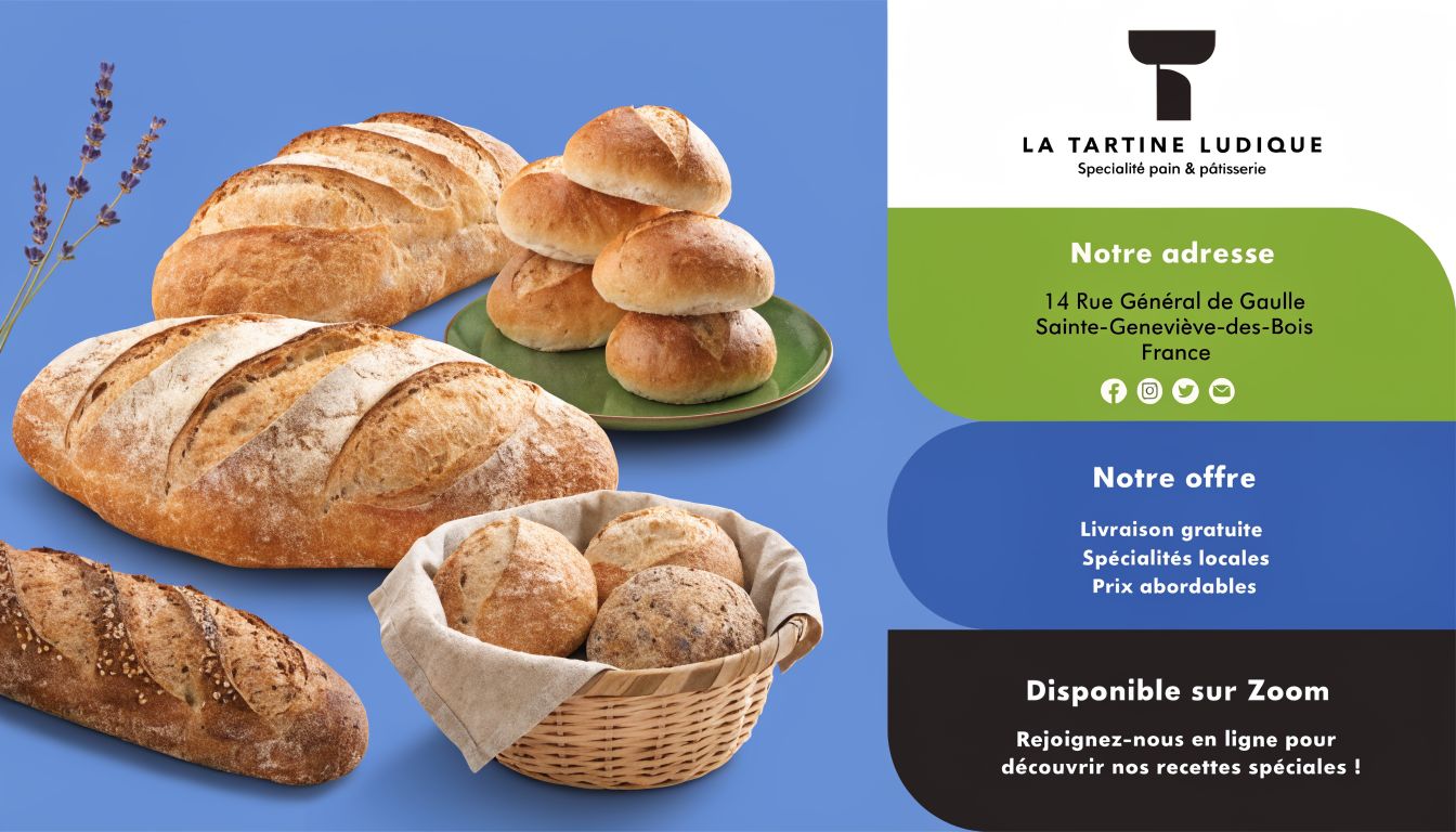 Affiche publicitaire pour La Tartine Ludique présentant une variété de pains artisanaux et leurs coordonnées.