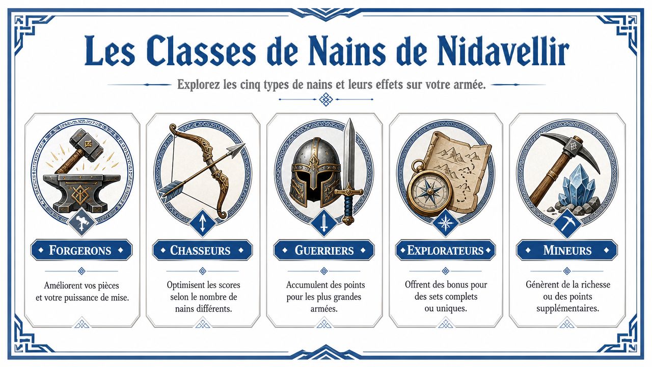 Illustration montrant les cinq classes de nains du jeu Nidavellir avec leurs symboles et descriptions respectives.