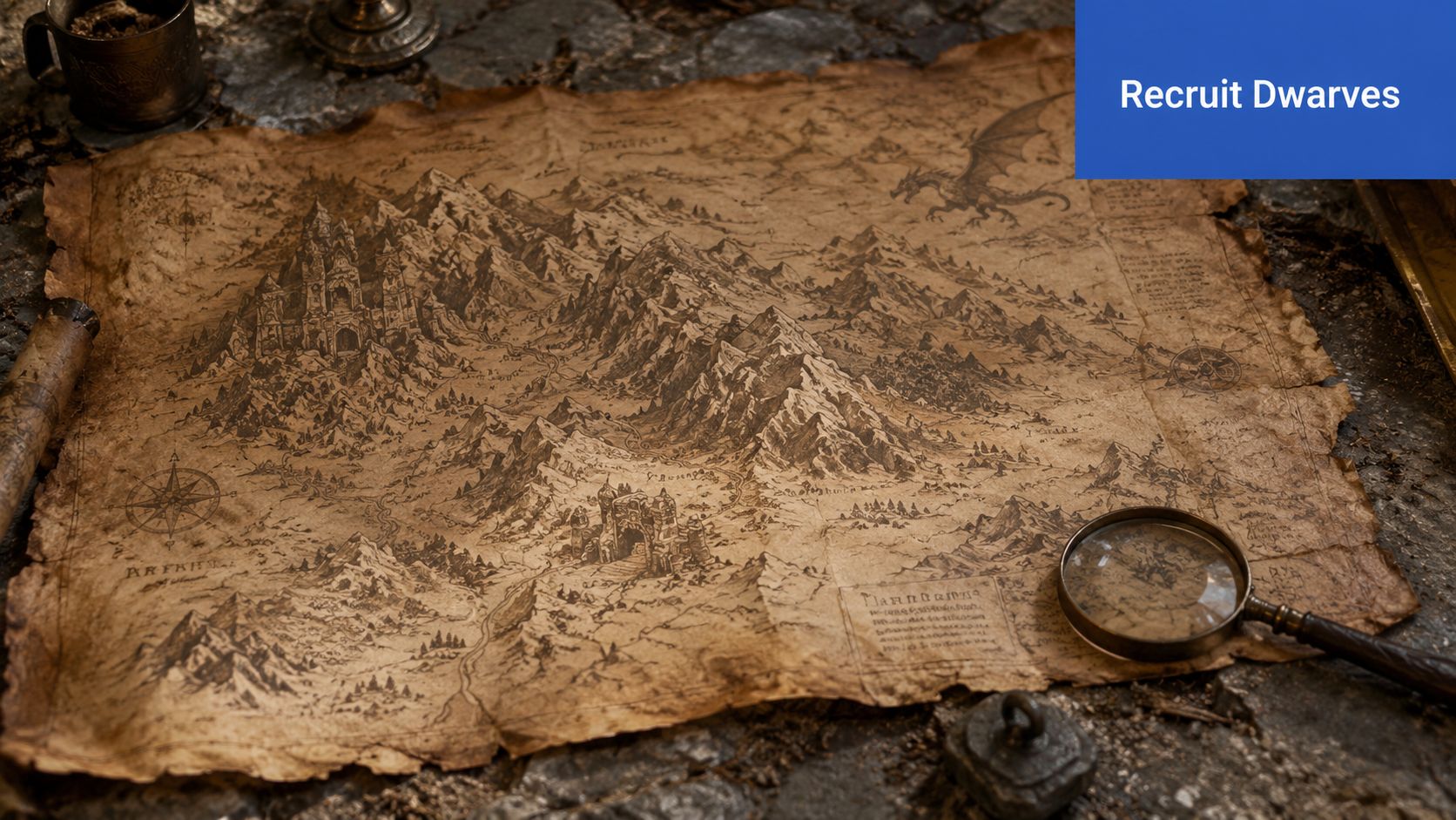 Une carte ancienne détaillée d'un royaume fantastique posée sur une table en pierre avec une loupe.