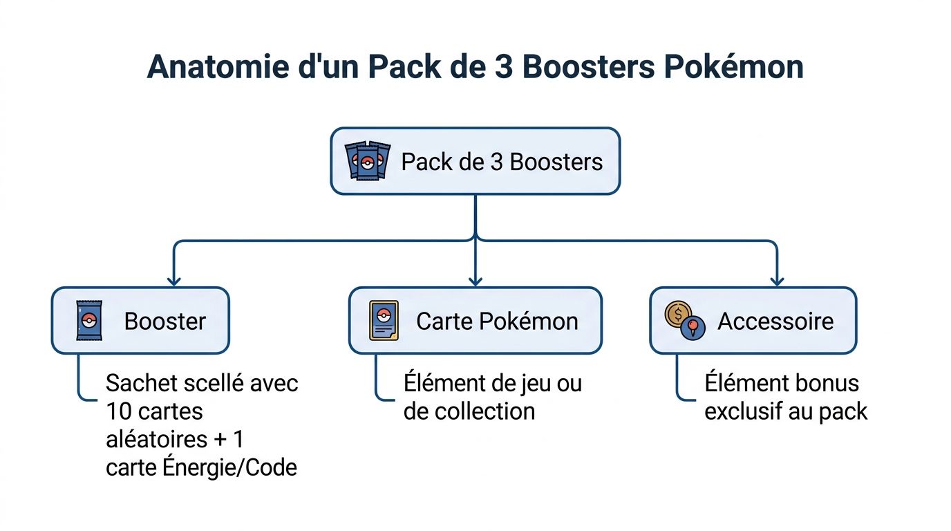 Schéma explicatif montrant l'anatomie d'un pack de trois boosters Pokémon avec leurs différents composants inclus.