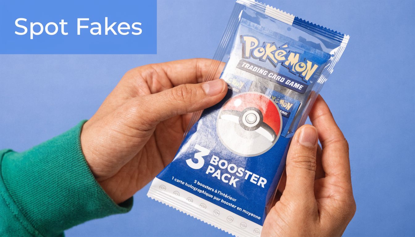 Une main tient un faux paquet de trois boosters de cartes Pokémon sur un fond bleu vif.