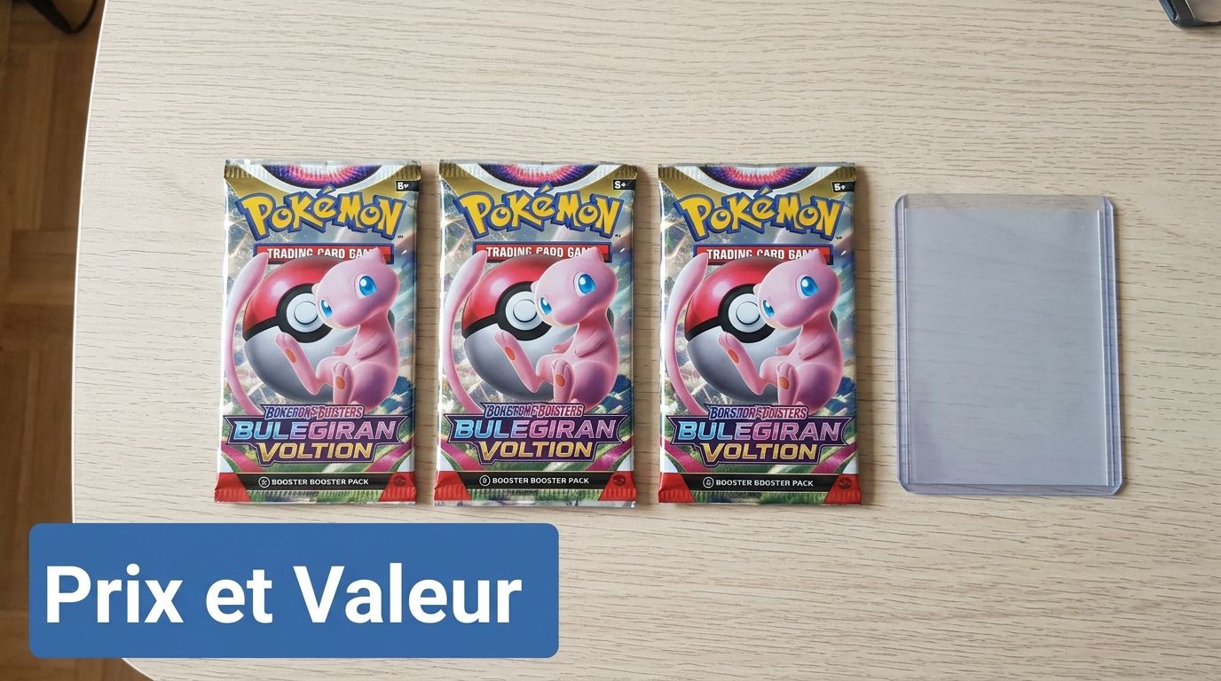Trois paquets de cartes Pokémon et un protège-carte transparent posés sur une table en bois.