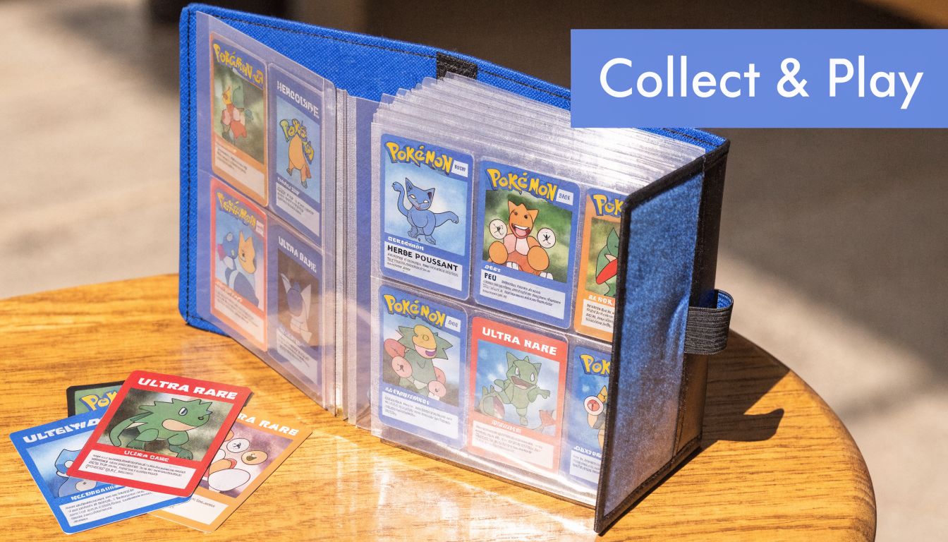 Un classeur bleu rempli de cartes à collectionner Pokémon posé sur une table en bois avec des cartes.
