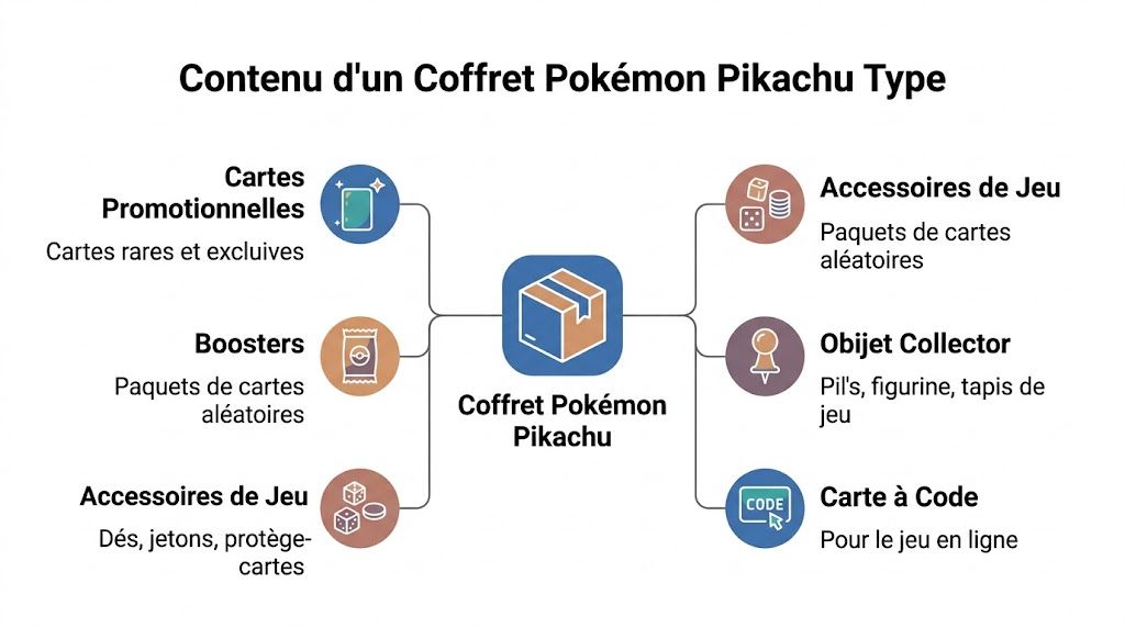 Schéma illustrant le contenu d'un coffret Pokémon Pikachu, détaillant les cartes, boosters, accessoires et objets de collection.