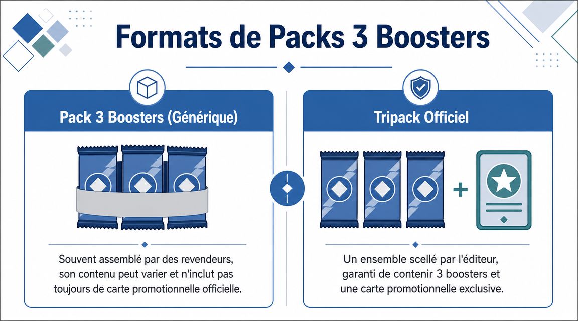 Comparaison entre un pack de 3 boosters générique assemblé par des revendeurs et un tripack officiel scellé.