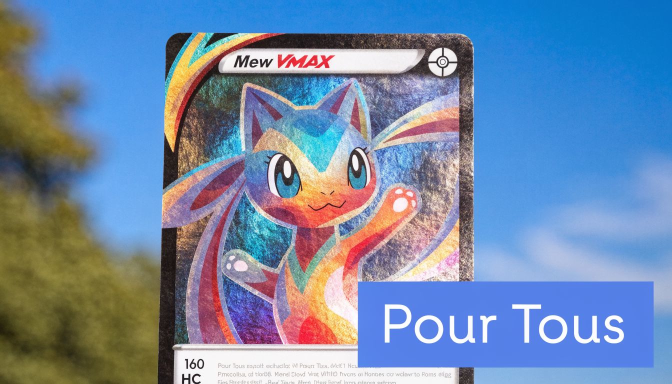 Une carte à jouer Pokémon Mew VMAX colorée tenant sous un ciel bleu dégagé en extérieur.