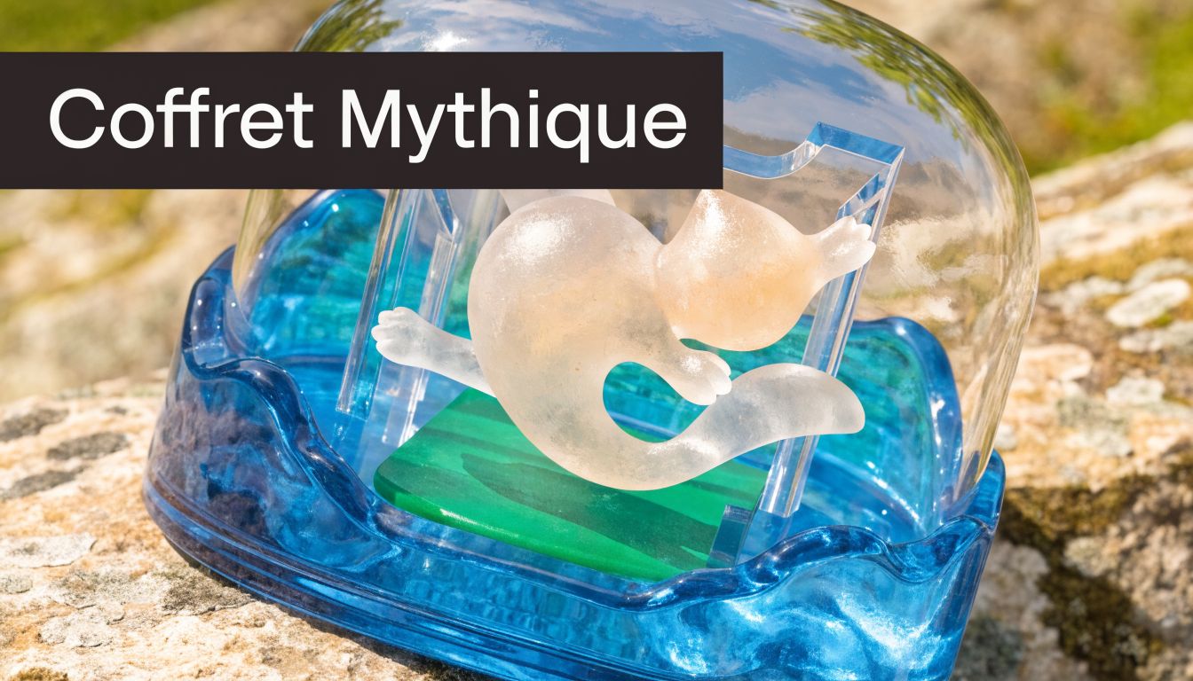 Figurine en cristal représentant le Pokémon Mew dans son boîtier protecteur transparent sur un socle vert.