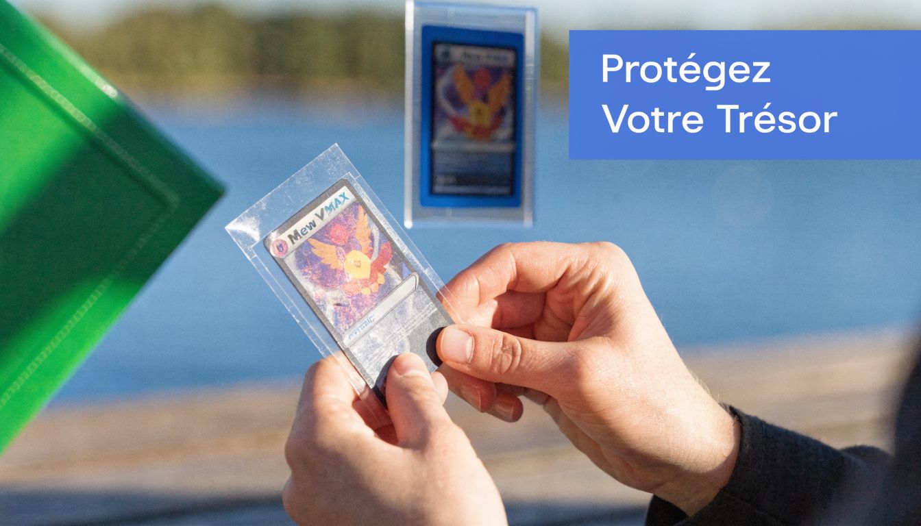 Une main tient une carte Pokémon Mew VMAX protégée dans une pochette en plastique transparente.
