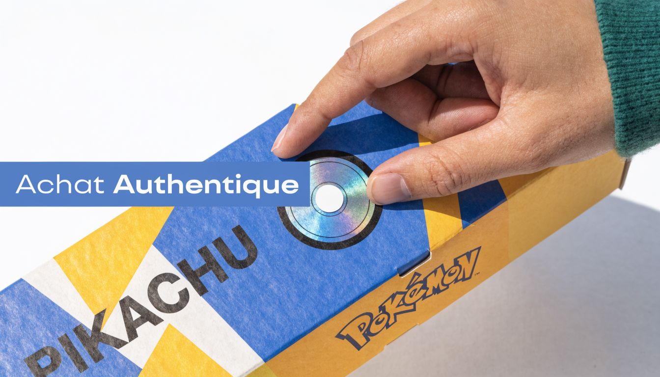 Une main pose sur un coffret Pokémon Pikachu authentique avec un logo en forme de disque holographique.