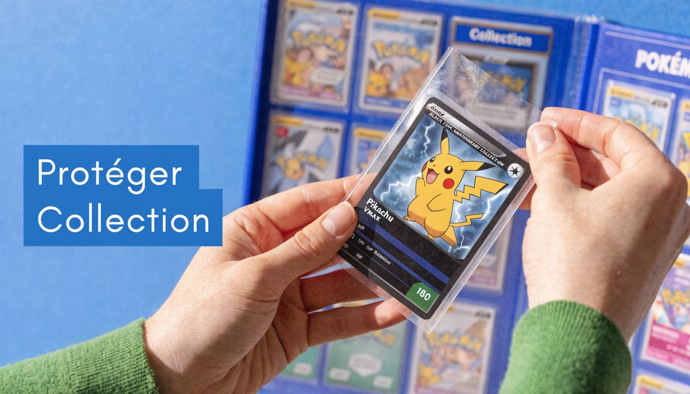 Une paire de mains tenant avec soin une carte Pokémon Pikachu protégée dans un étui en plastique transparent.