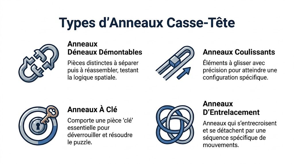 Une illustration montrant les quatre types principaux d'anneaux casse-tête avec leurs descriptions et leurs caractéristiques distinctes.