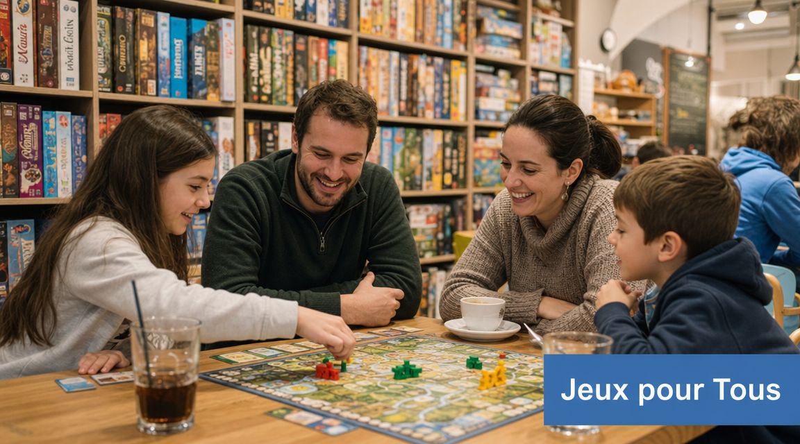Une famille joyeuse joue ensemble à un jeu de société dans un restaurant doté d'une bibliothèque.