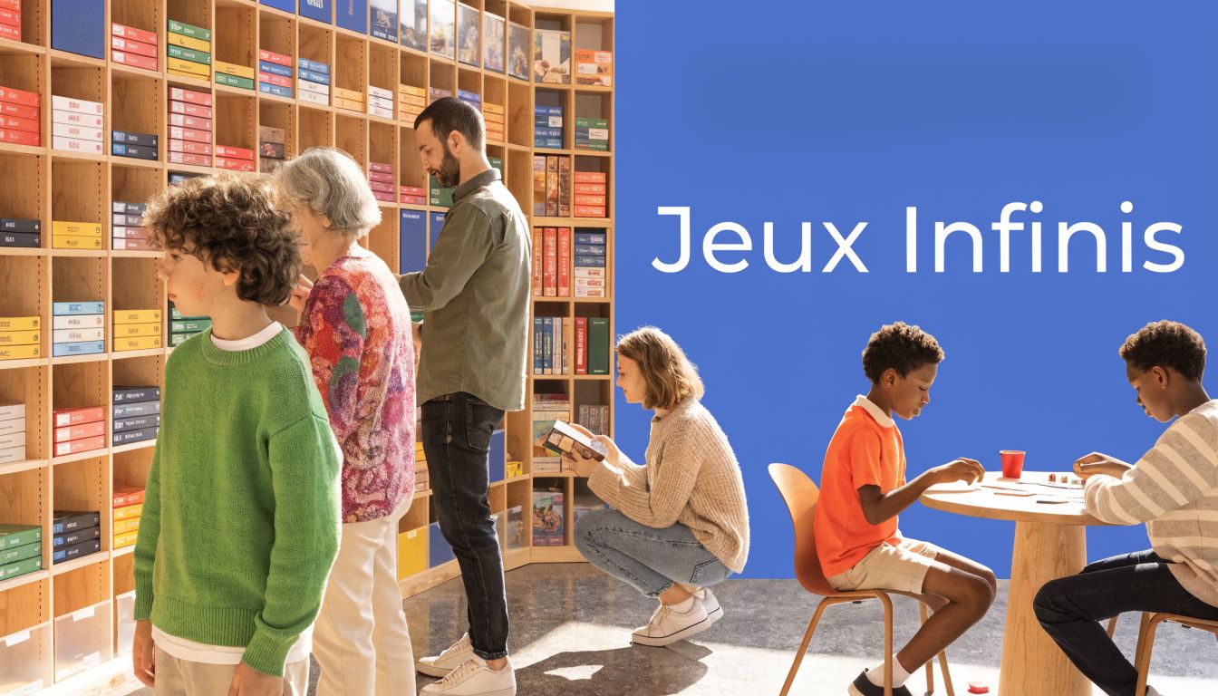 Des enfants et des adultes choisissant des jeux dans une bibliothèque de jeux lumineuse et accueillante.