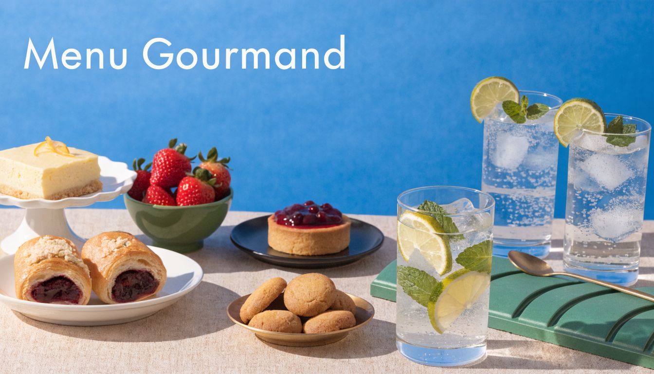 Table élégante présentant des pâtisseries, des fraises fraîches, des biscuits et des cocktails rafraîchissants pour un menu gourmand.