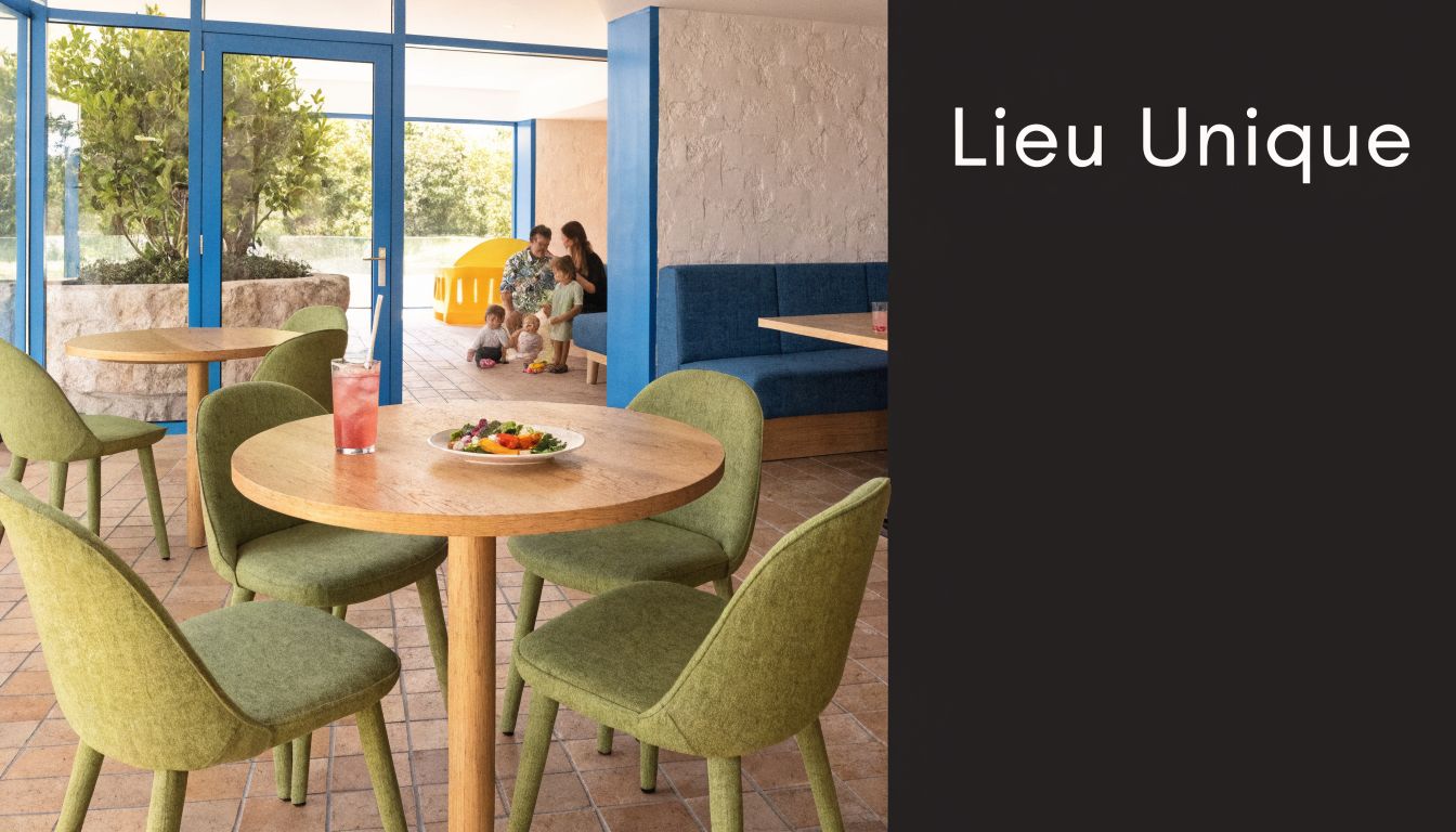 Une salle de restaurant élégante avec des tables en bois, des chaises vertes et un espace de jeux.