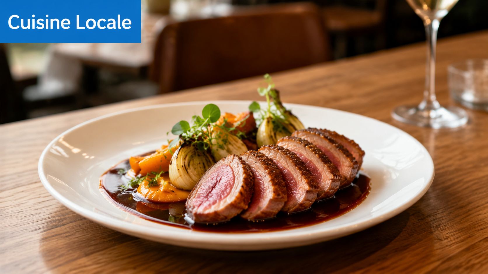 Une assiette gastronomique composée de magret de canard tranché avec des légumes rôtis et une sauce savoureuse.