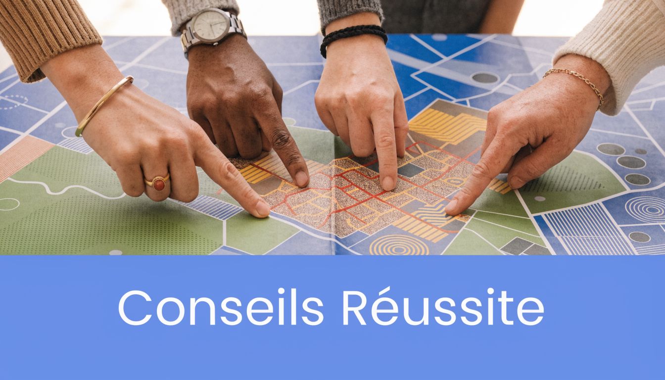 Quatre personnes pointent du doigt une carte colorée, symbolisant la planification et la réussite de projets.
