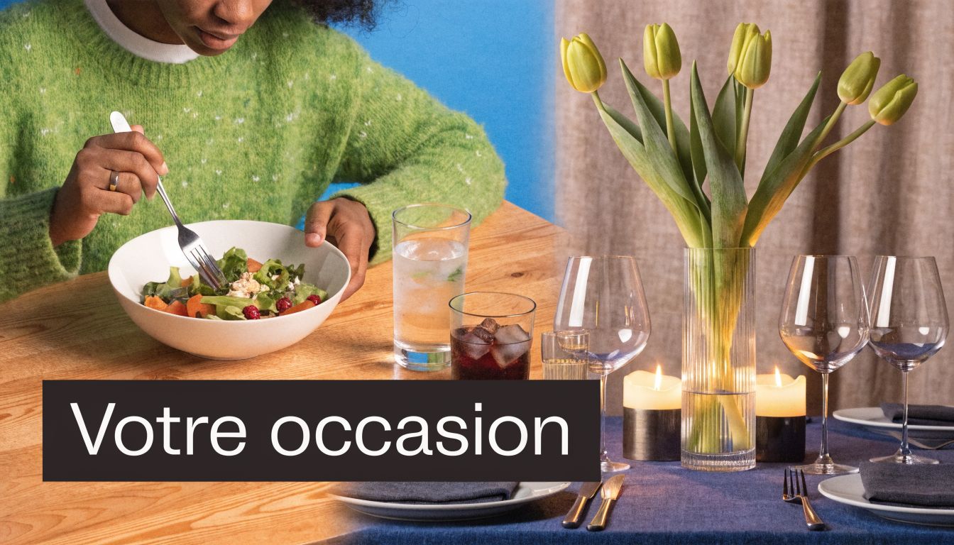 Une personne mange une salade à côté d'une table dressée élégamment pour un repas en amoureux.