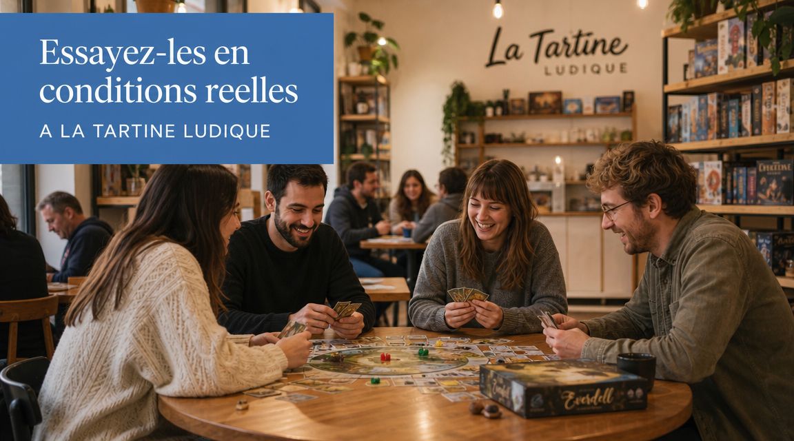Un groupe d'amis joue joyeusement au jeu de société Everdell dans le café La Tartine Ludique.