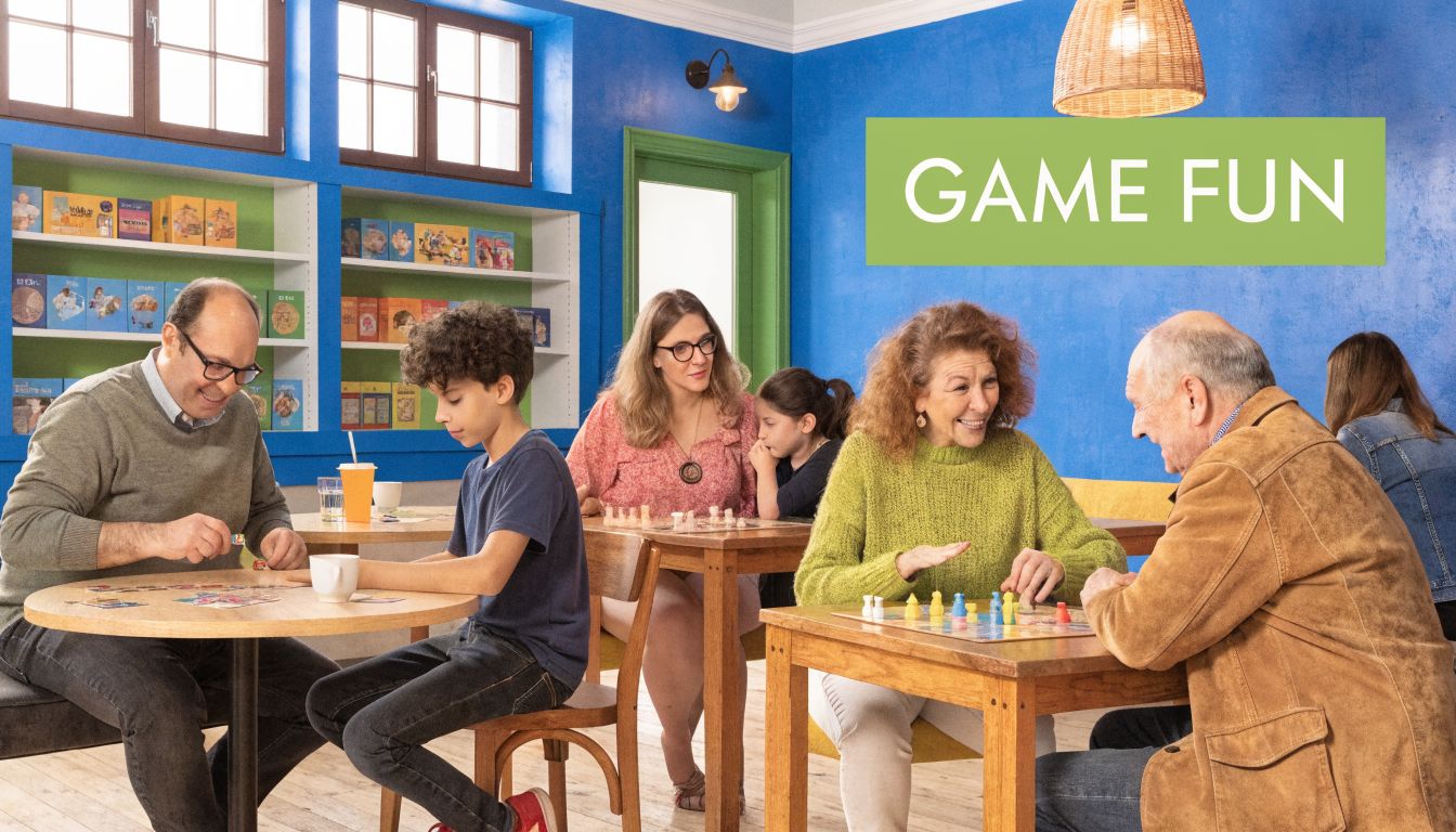 Des personnes de différentes générations jouent ensemble à des jeux de société dans une salle lumineuse.