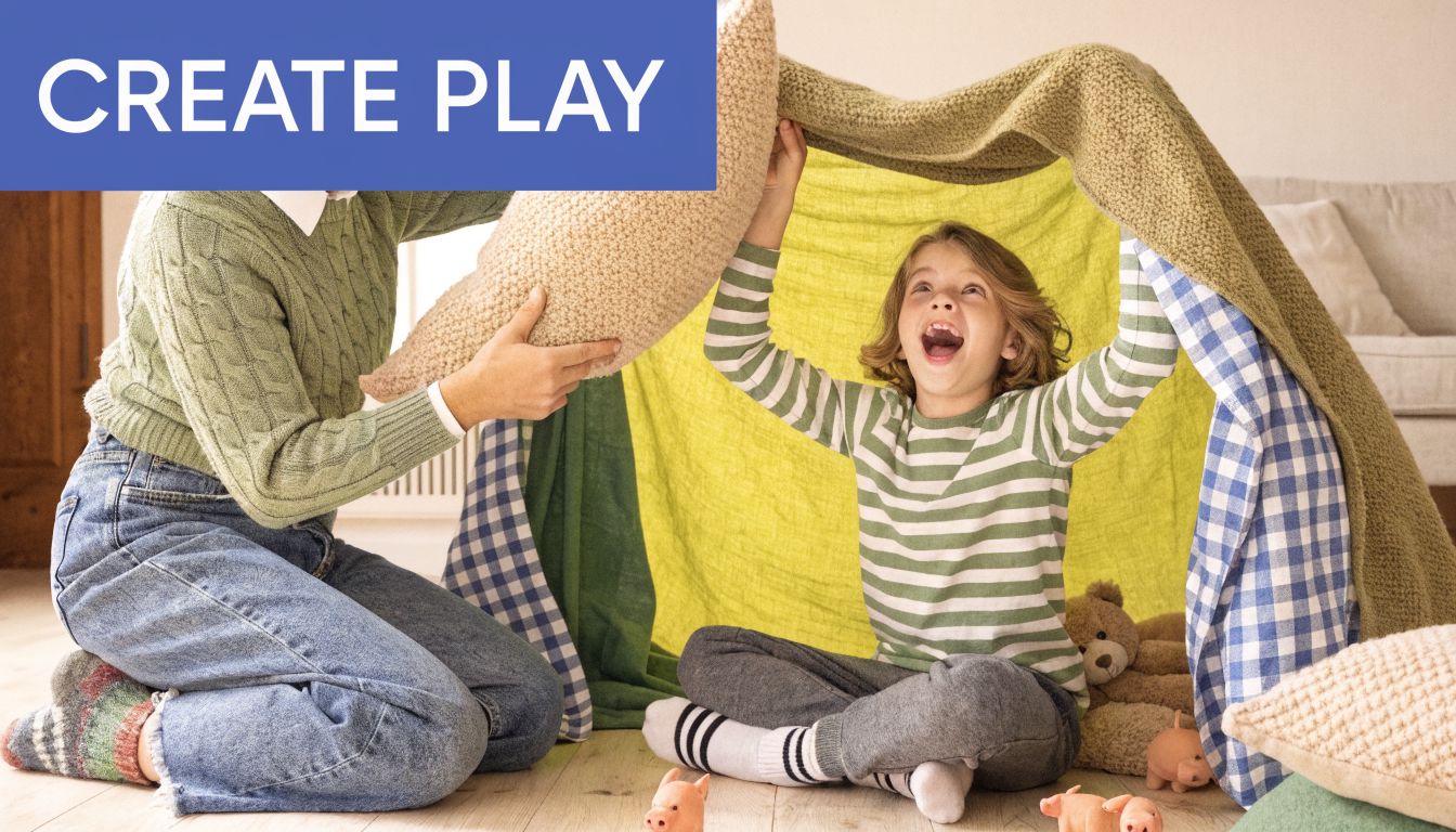 Une mère et son enfant construisent une cabane avec des couvertures et jouent avec des figurines.