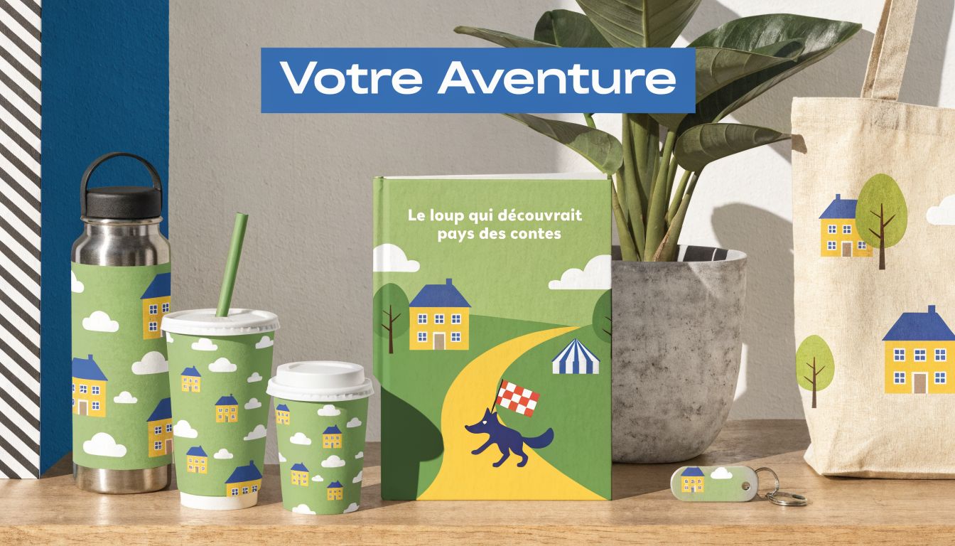 Une sélection de produits dérivés avec le thème du livre Le loup qui découvrait le pays des contes.