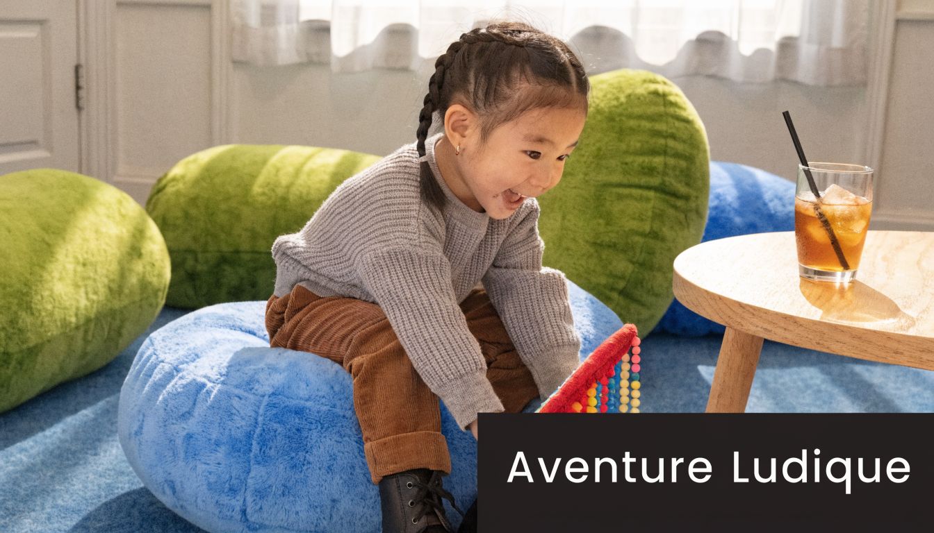 Une petite fille joyeuse joue avec un boulier coloré sur un pouf bleu dans une chambre lumineuse.