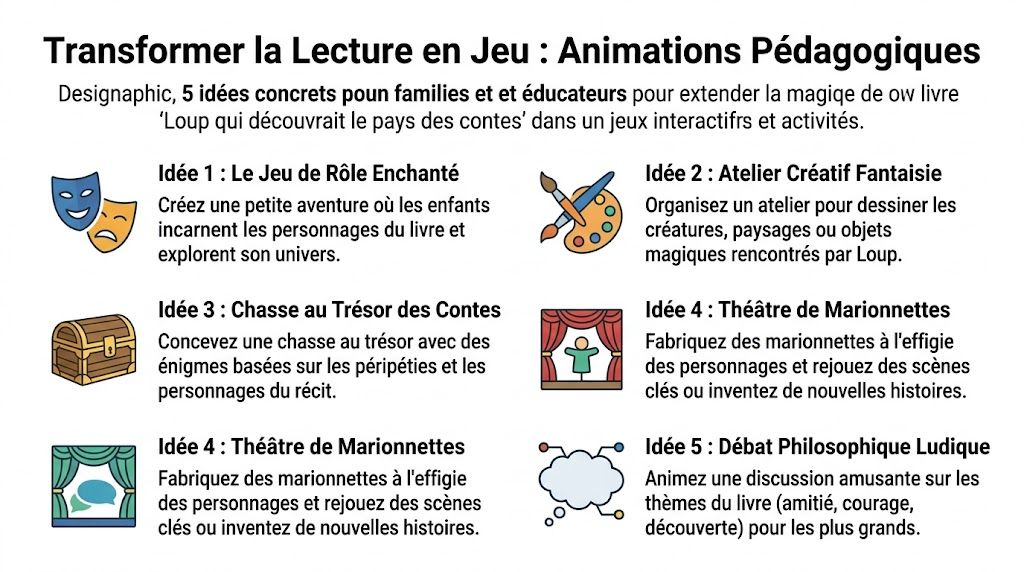 Cinq idées d'animations pédagogiques ludiques pour explorer le livre Le Loup qui découvrait le pays des contes.