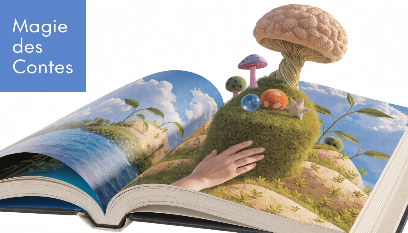 Une main humaine touchant un paysage fantastique en 3D qui surgit des pages d'un livre ouvert.