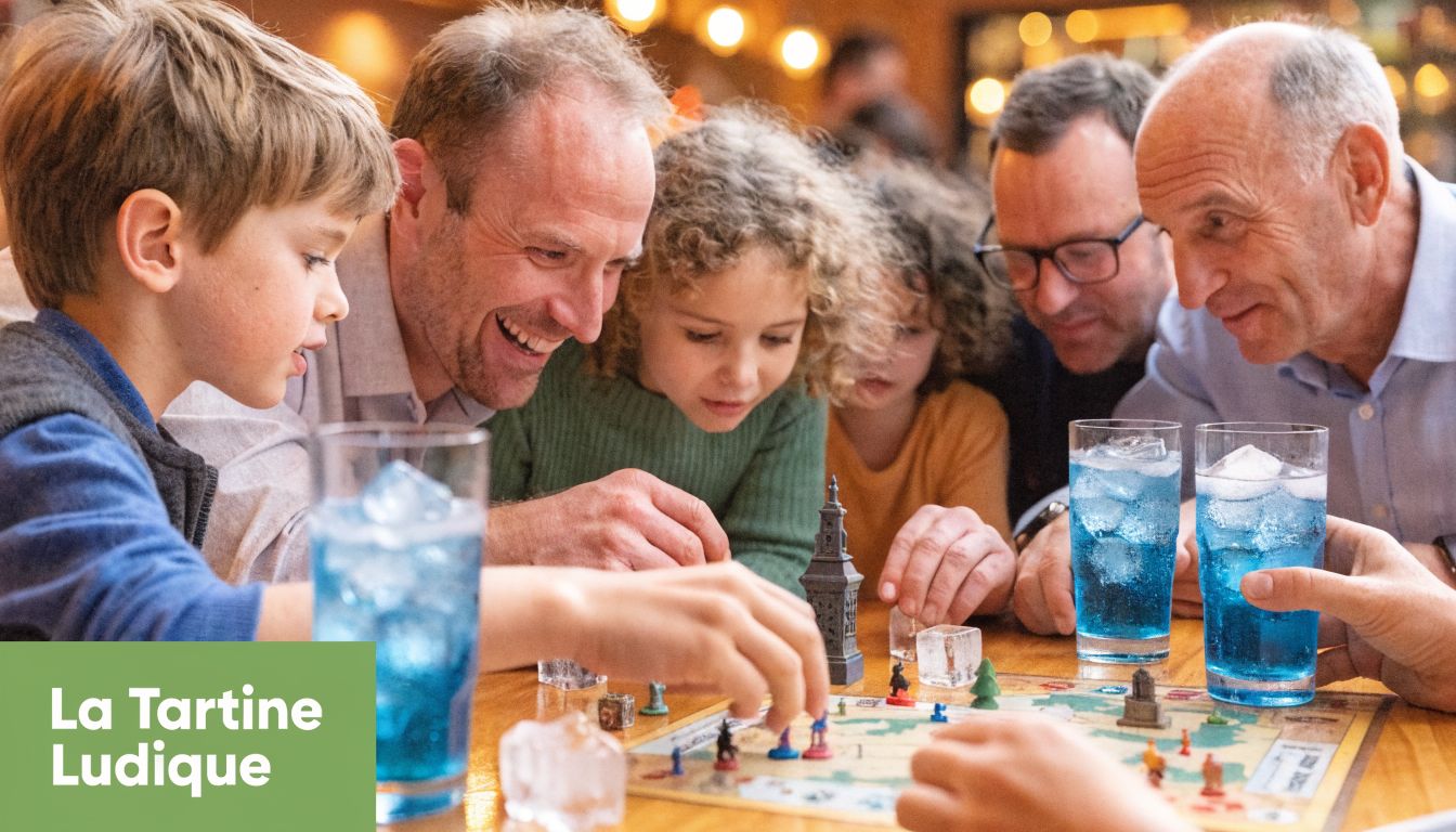 Une famille joyeuse joue ensemble à un jeu de plateau autour d'une table avec des boissons bleues.