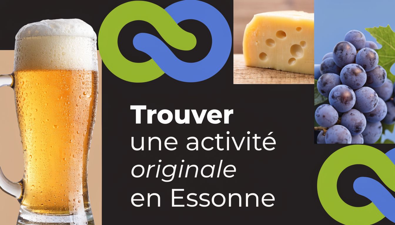 Affiche publicitaire pour trouver des activités originales en Essonne avec une bière, du fromage et du raisin.