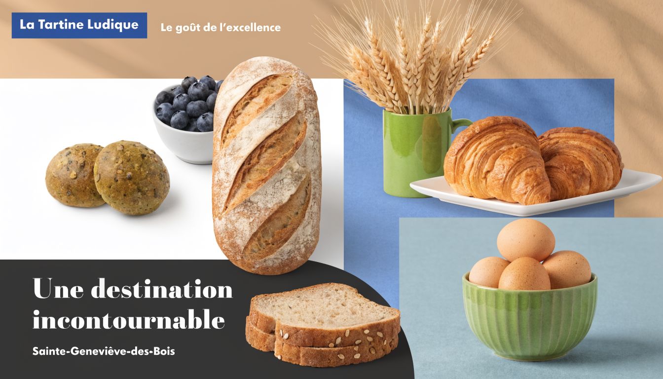 Sélection de pains artisanaux, croissants, œufs frais et myrtilles pour la boulangerie La Tartine Ludique à Sainte-Geneviève-des-Bois.