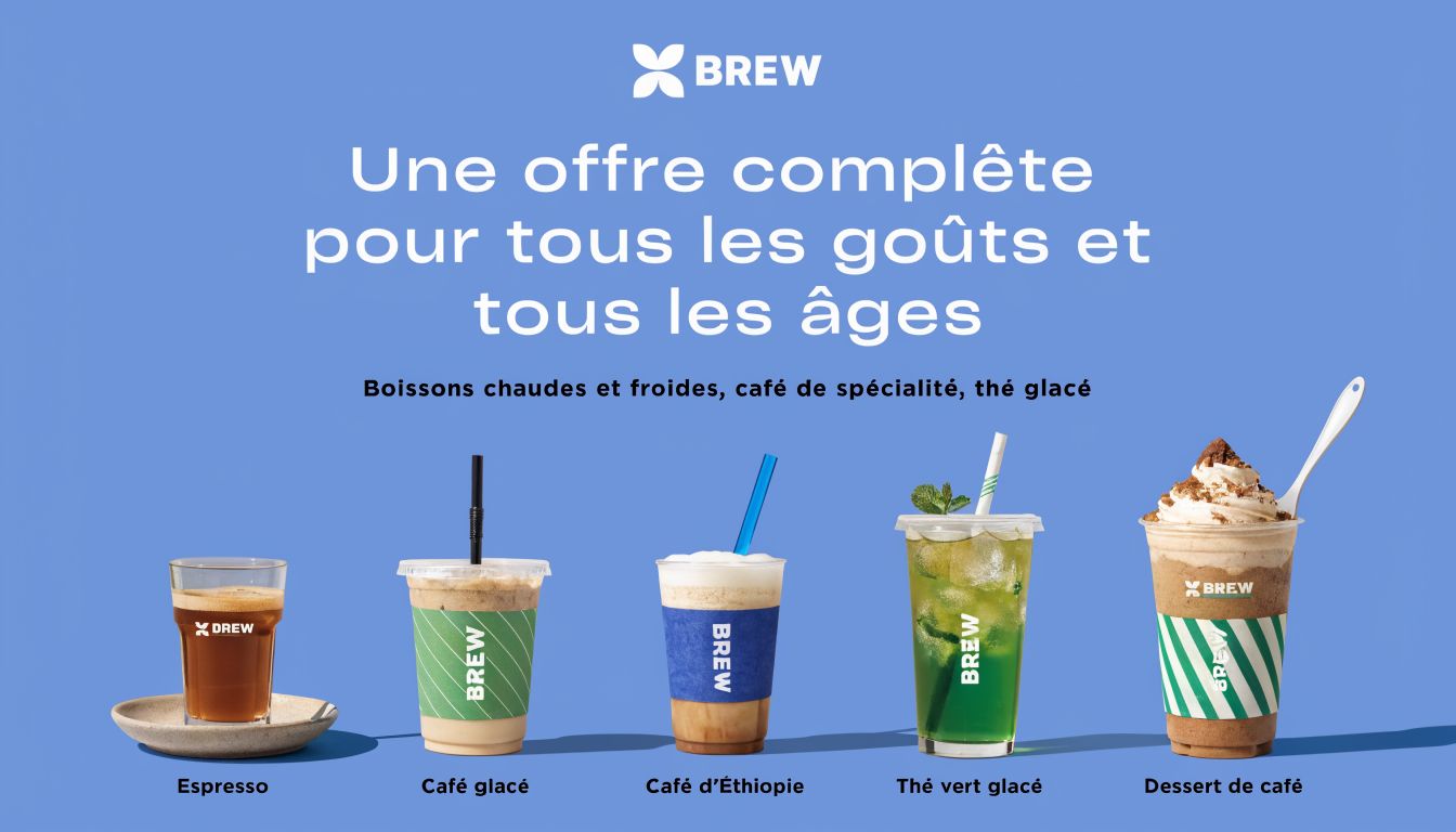 Une sélection de boissons chaudes et froides Brew, incluant espresso, café glacé et dessert de café.