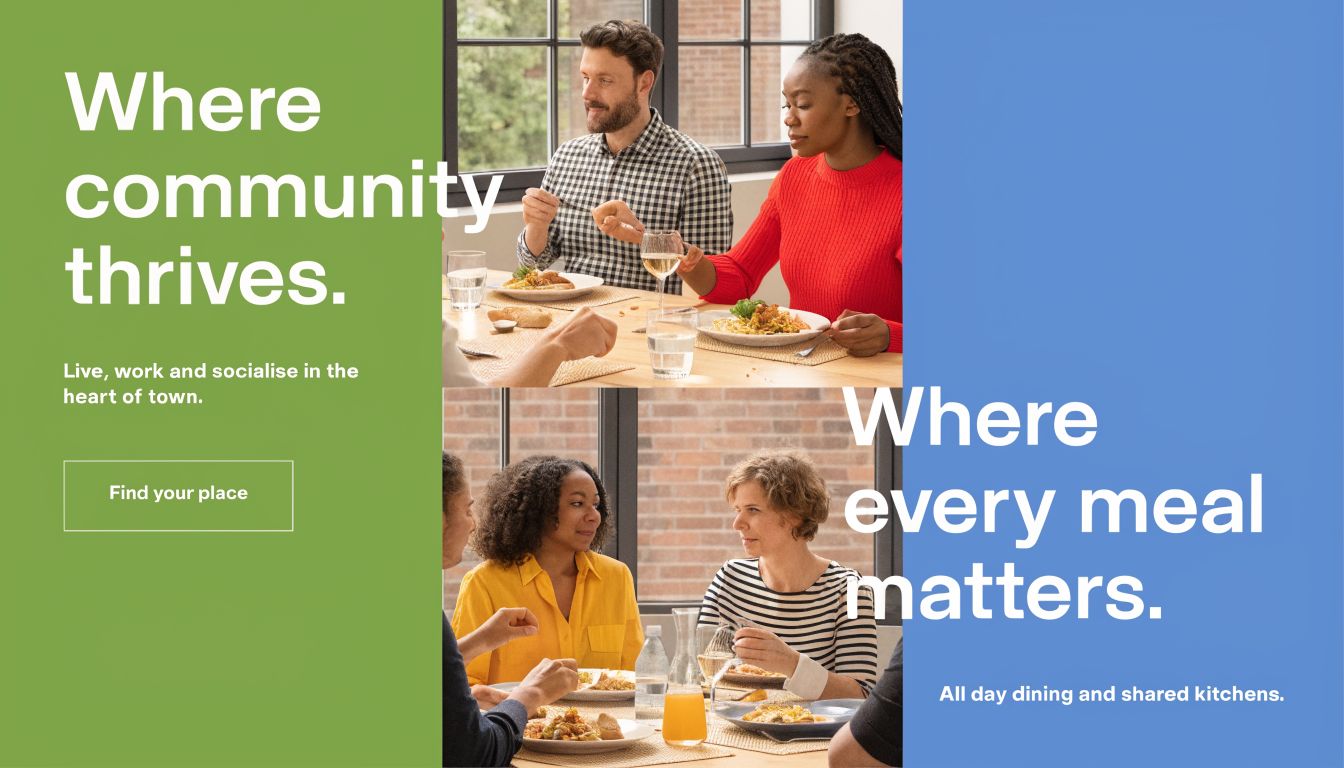 Des personnes souriantes partagent des repas conviviaux dans un espace de vie communautaire moderne et lumineux.