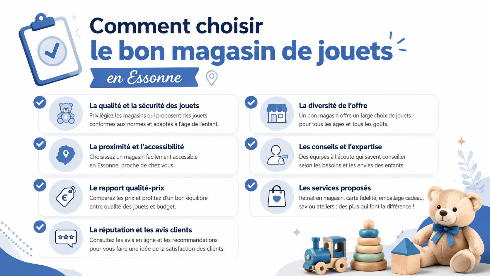 Infographie présentant les critères essentiels pour bien choisir un magasin de jouets dans le département de l'Essonne.