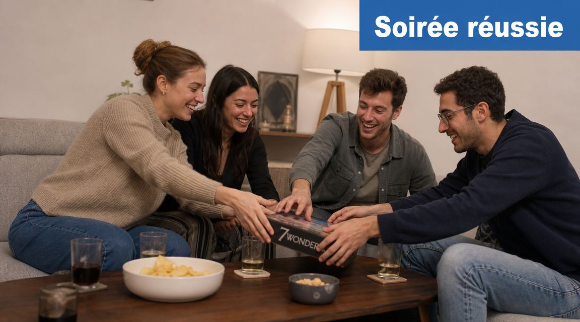 Quatre amis souriants partagent un moment convivial en jouant au jeu de société 7 Wonders ensemble.