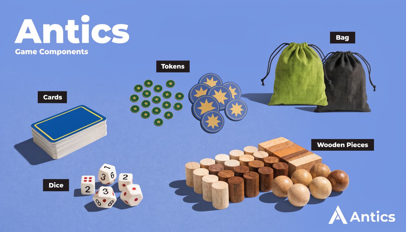 Composants du jeu de société Antics, incluant des cartes, des dés, des jetons, des sacs et pièces en bois.