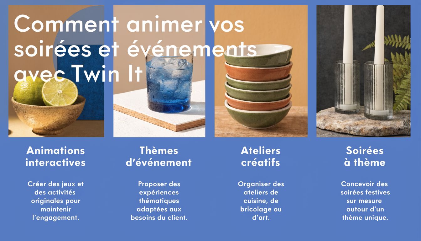Affiche promotionnelle pour les services d'animation d'événements et de soirées à thème proposés par Twin It.