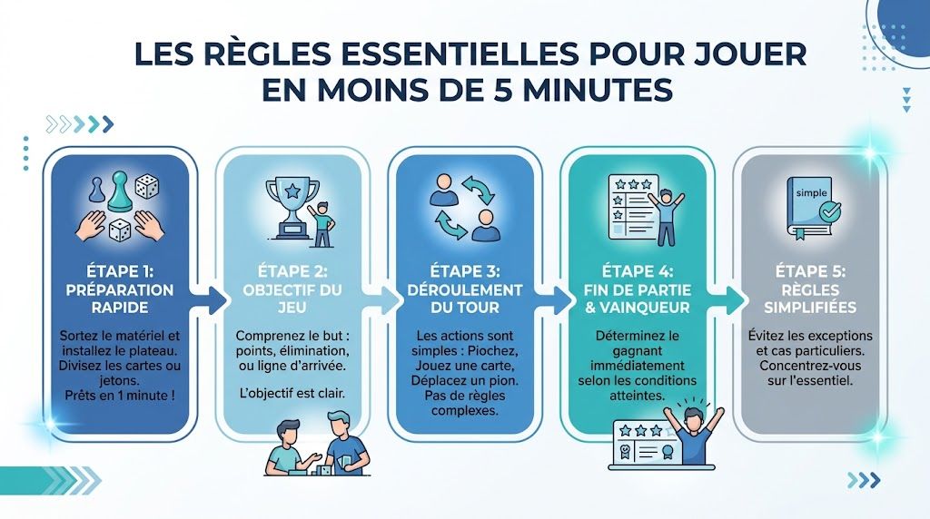 Une infographie montrant les cinq étapes essentielles pour apprendre rapidement les règles de n'importe quel jeu.