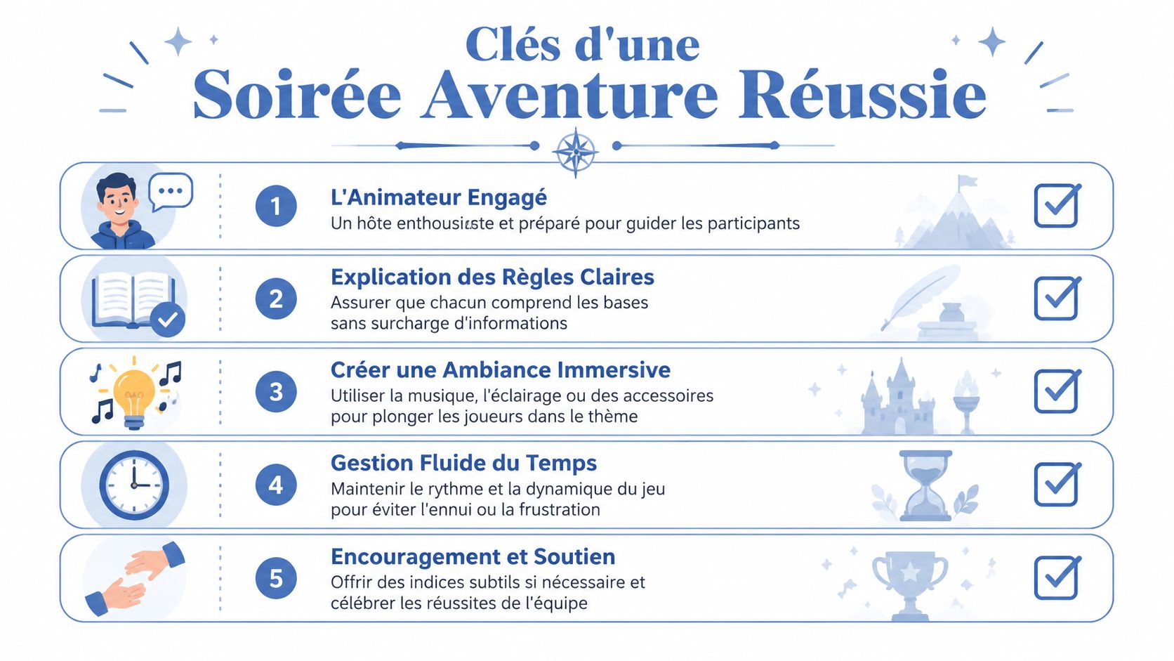 Une infographie listant cinq clés essentielles pour réussir une soirée jeu d'aventure entre amis.