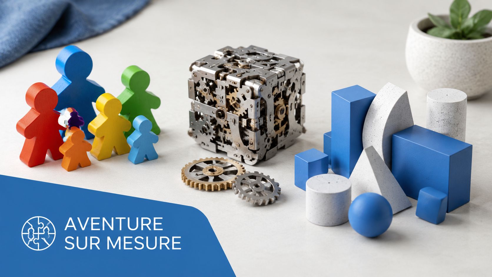 Des figurines colorées, un cube mécanique complexe et des formes géométriques posés sur une table blanche.