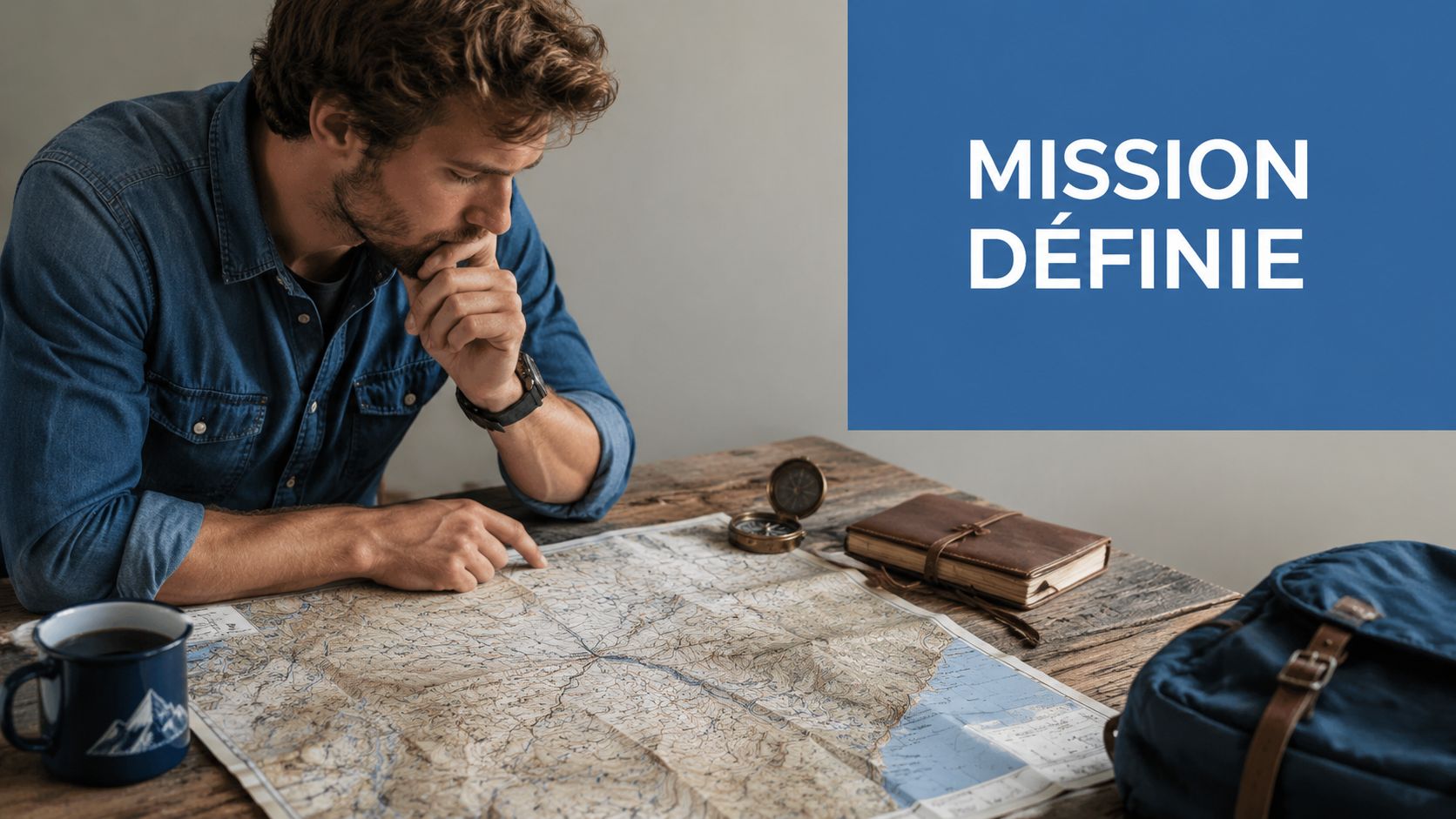 Un homme explorateur en chemise bleue étudiant attentivement une carte géographique posée sur une table en bois.