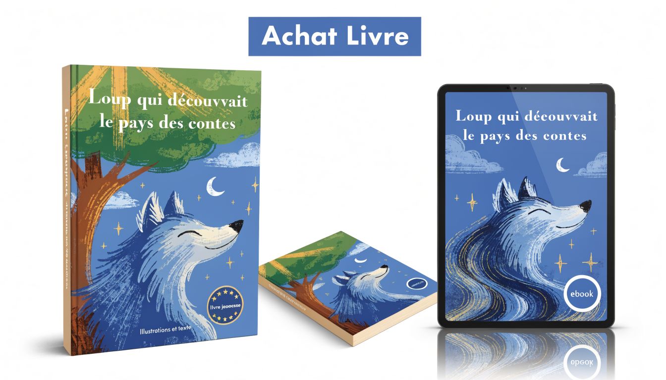 Livre illustré intitulé Loup qui découvrait le pays des contes avec une version numérique sur tablette.