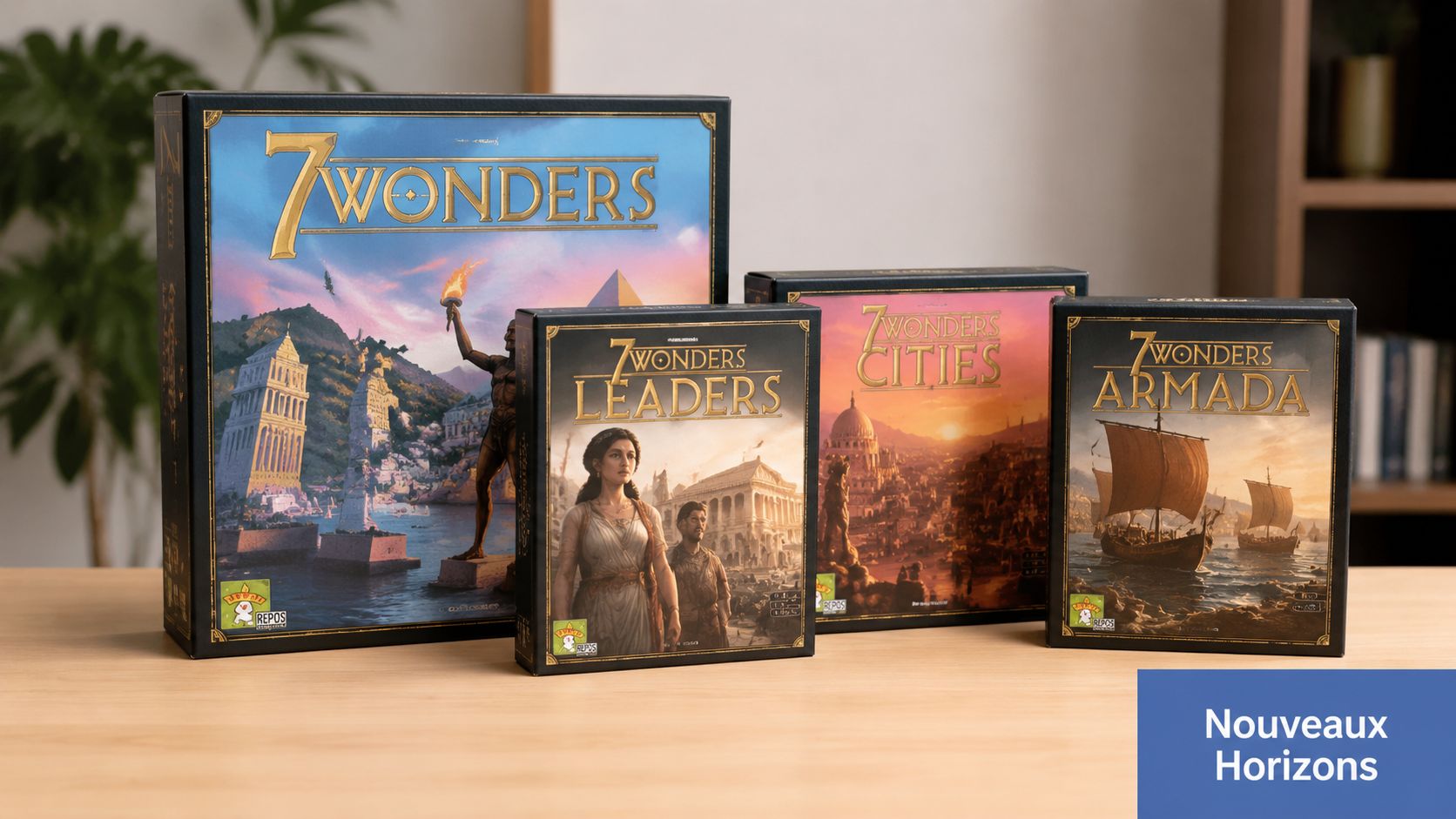 Boîtes de jeu de société 7 Wonders et ses extensions posées sur une table en bois.