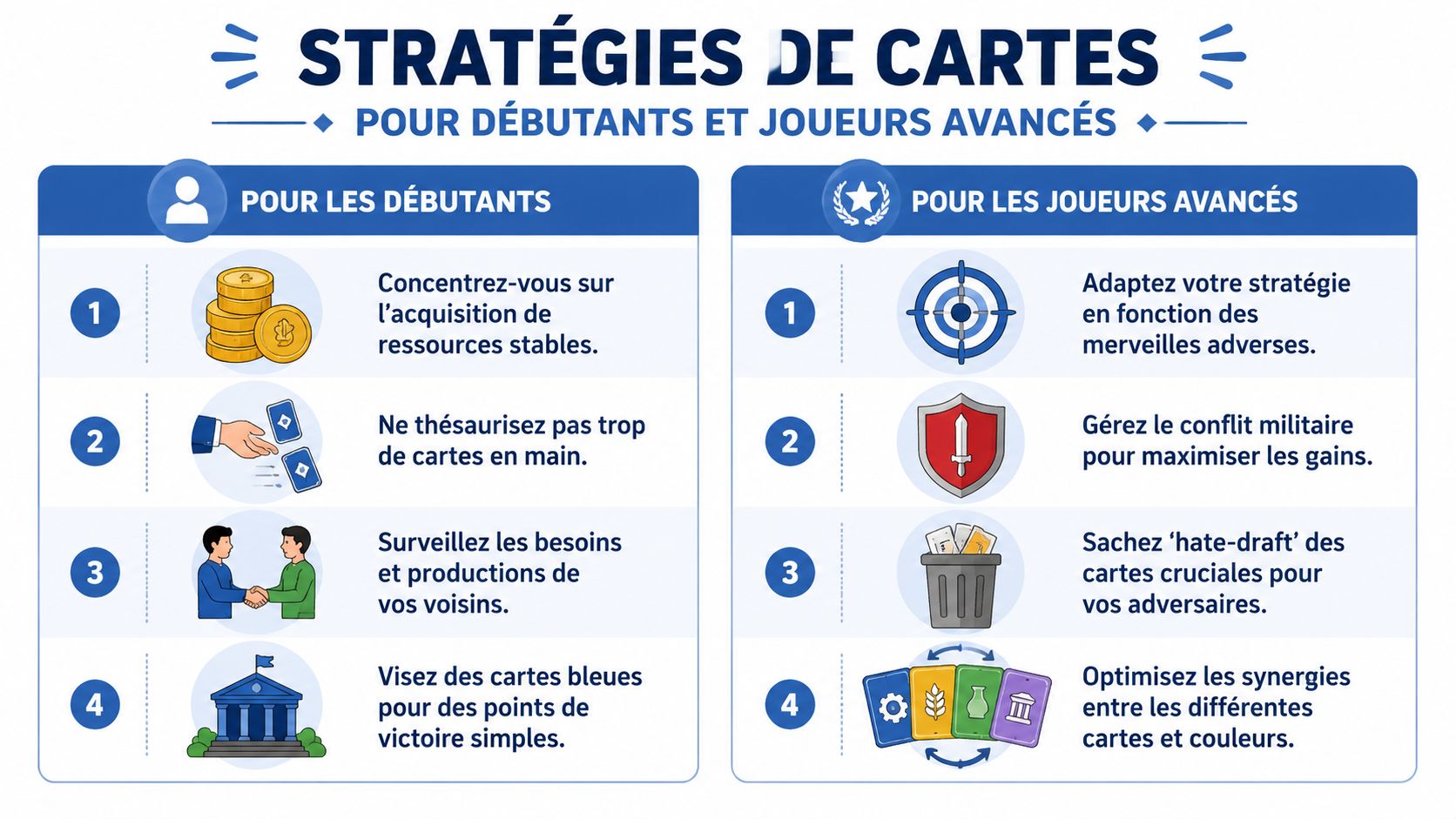Une infographie présentant des conseils stratégiques pour les joueurs débutants et avancés au jeu de cartes.