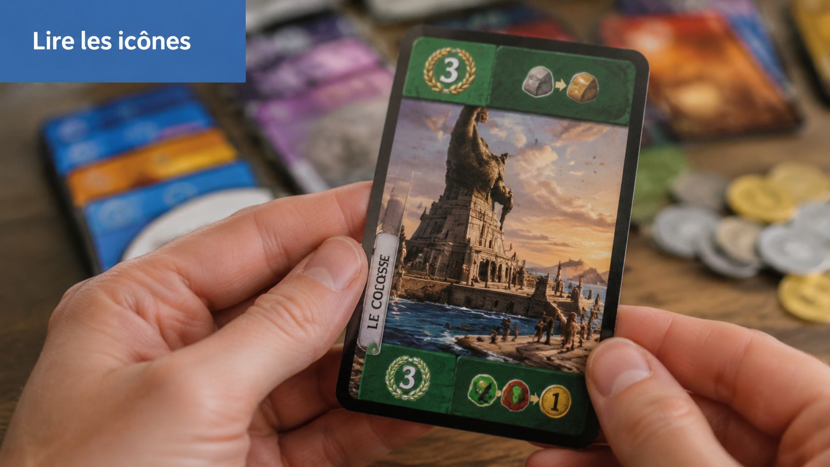 Une personne tient une carte de jeu 7 Wonders nommée Le Colosse montrant ses symboles et effets.