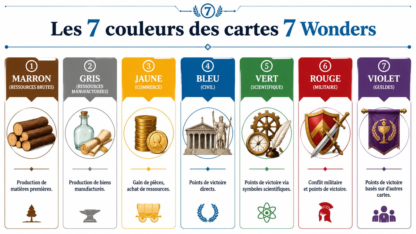 Une infographie détaillée présentant les sept couleurs des cartes du jeu de société 7 Wonders.