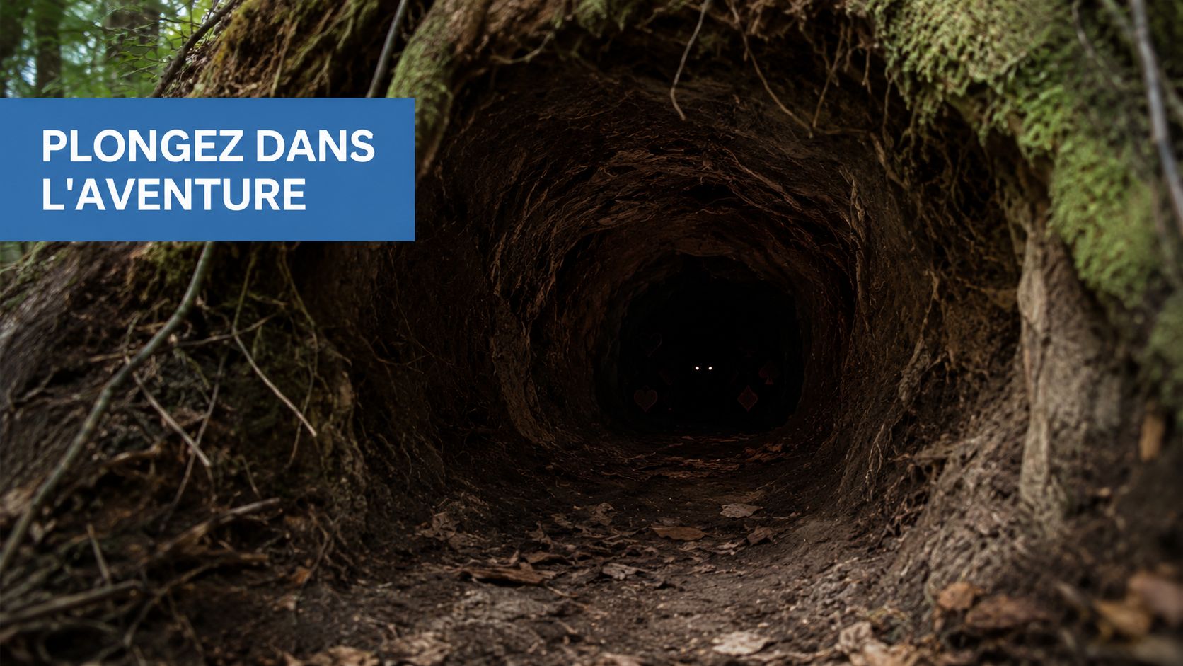 Une entrée de tunnel sombre dans un arbre rappelant le terrier du lapin d'Alice au pays des merveilles.