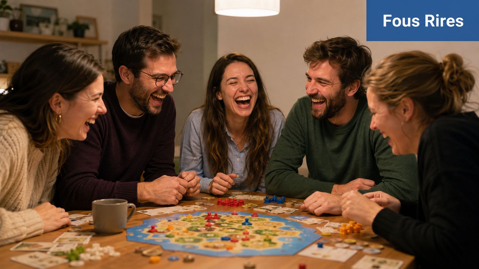 Un groupe d'amis joyeux joue à un jeu de société autour d'une table dans une pièce chaleureuse.