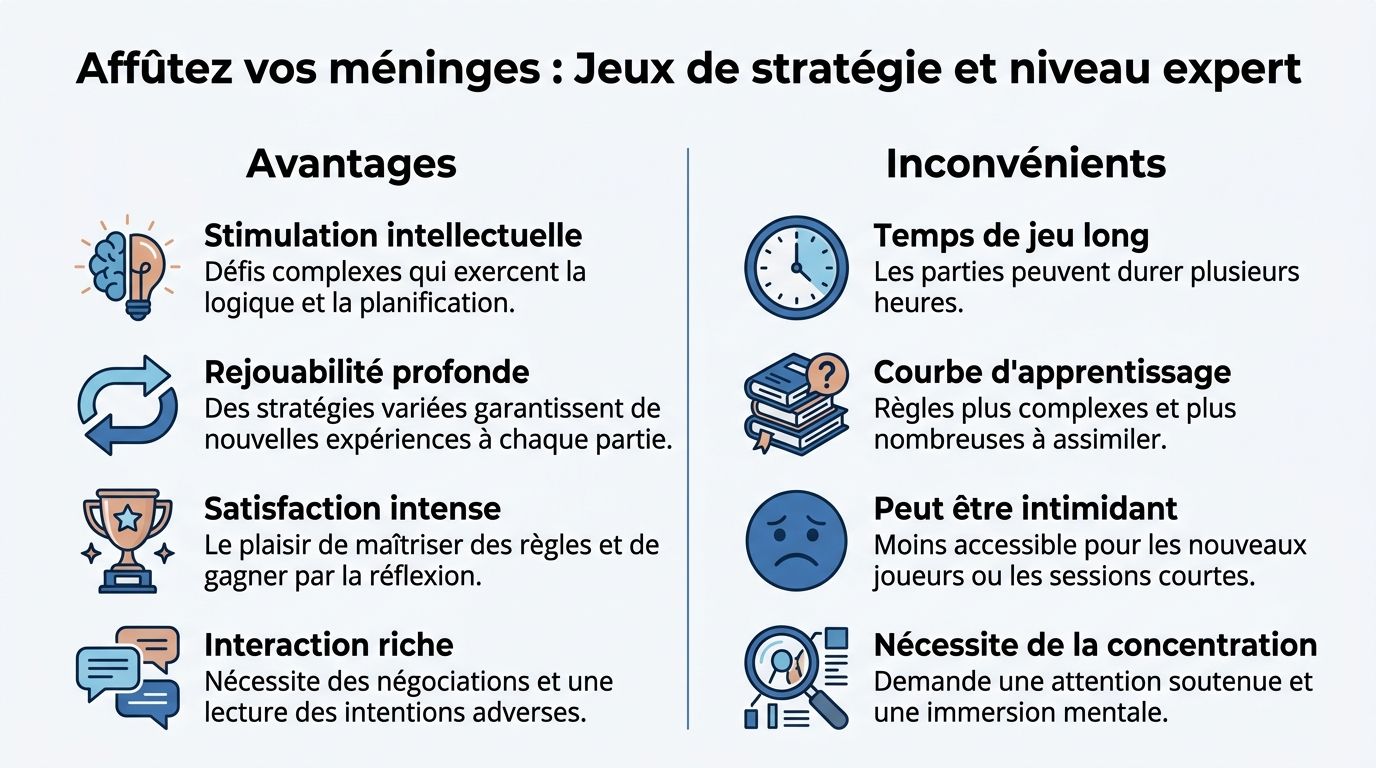 Tableau comparatif des avantages et inconvénients des jeux de stratégie de niveau expert pour les joueurs.